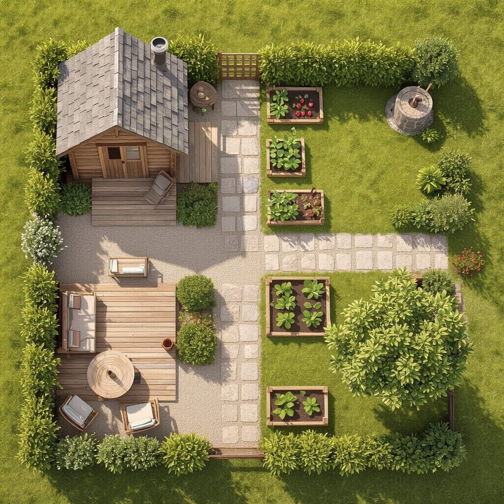 Rustic Garden with Cabin in Impressionist Style