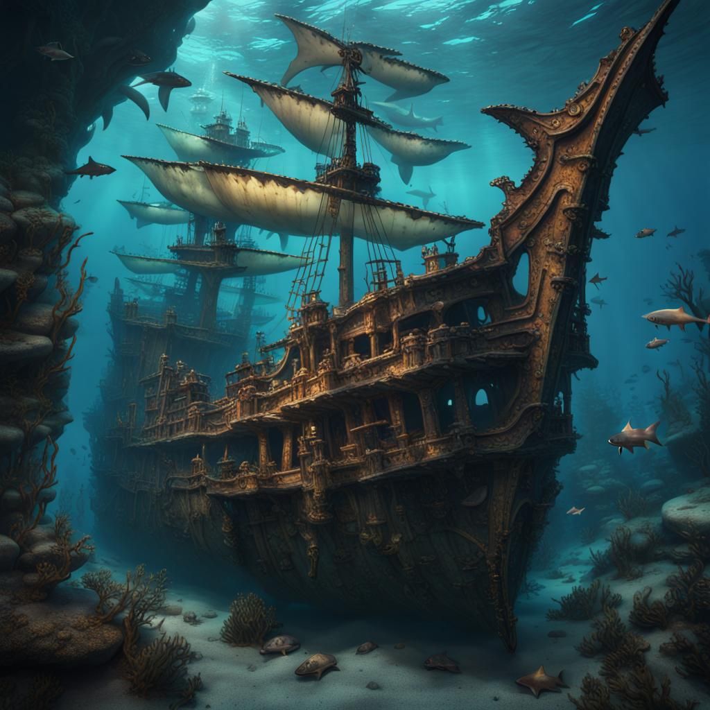 Sunken Pirate Ship with Sharks: Fantasy Concept Art