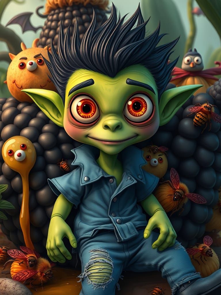 Whimsical Green Creature with Evil Stuffed Animals