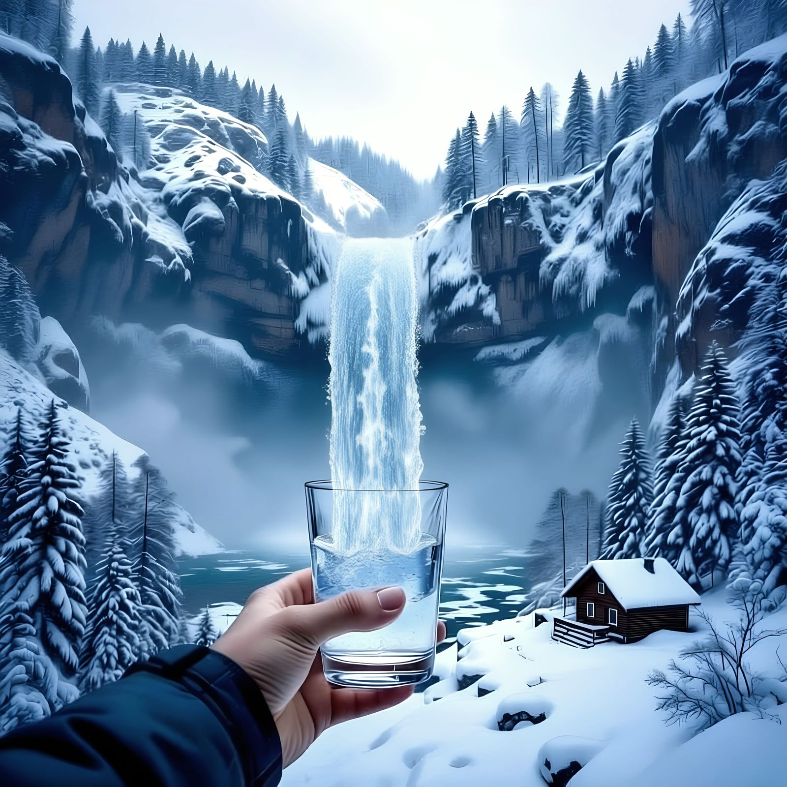 Waterfall Pouring Into Glass Above Snowy Mountains