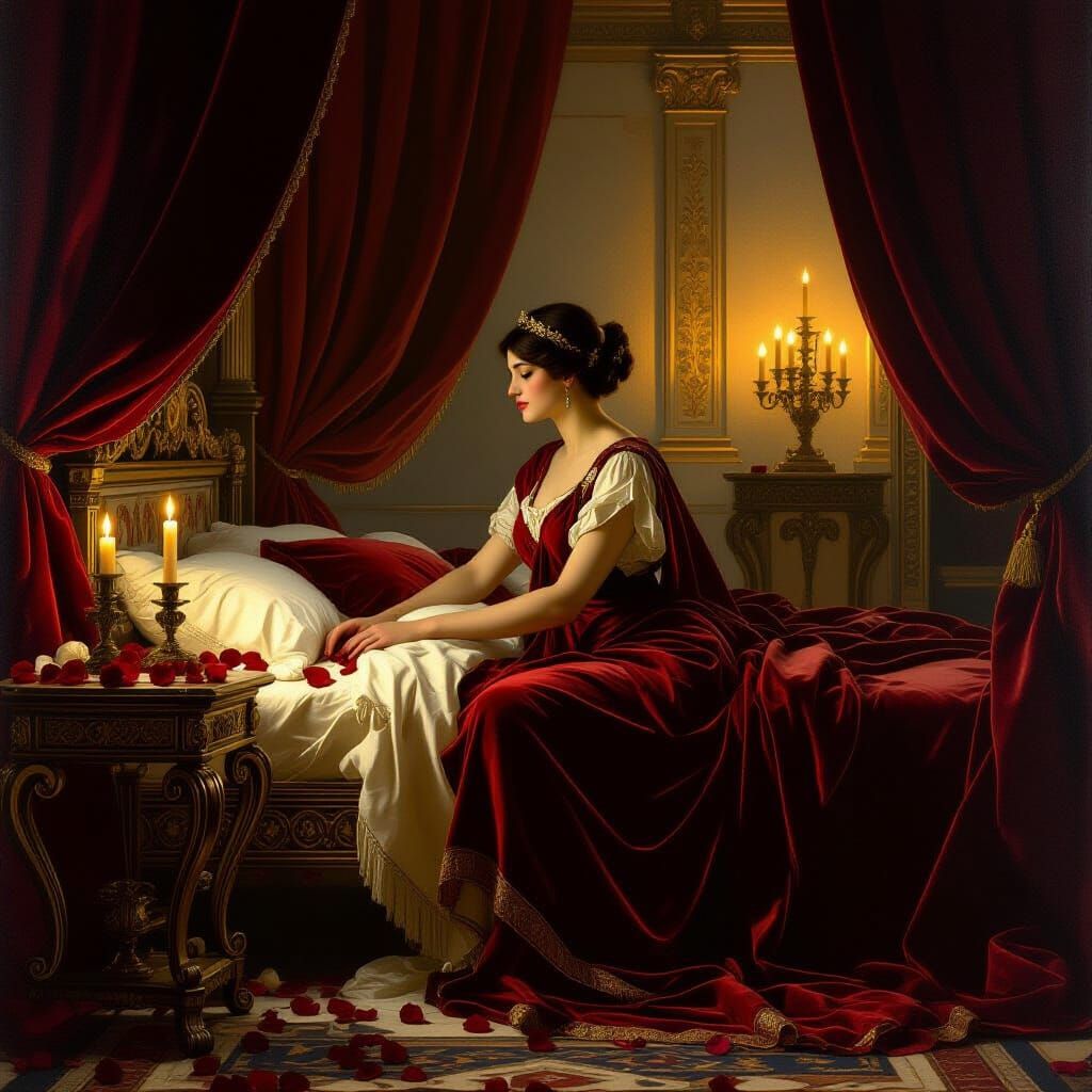 Roman Queen in Opulent Bedroom, Neoclassical Style