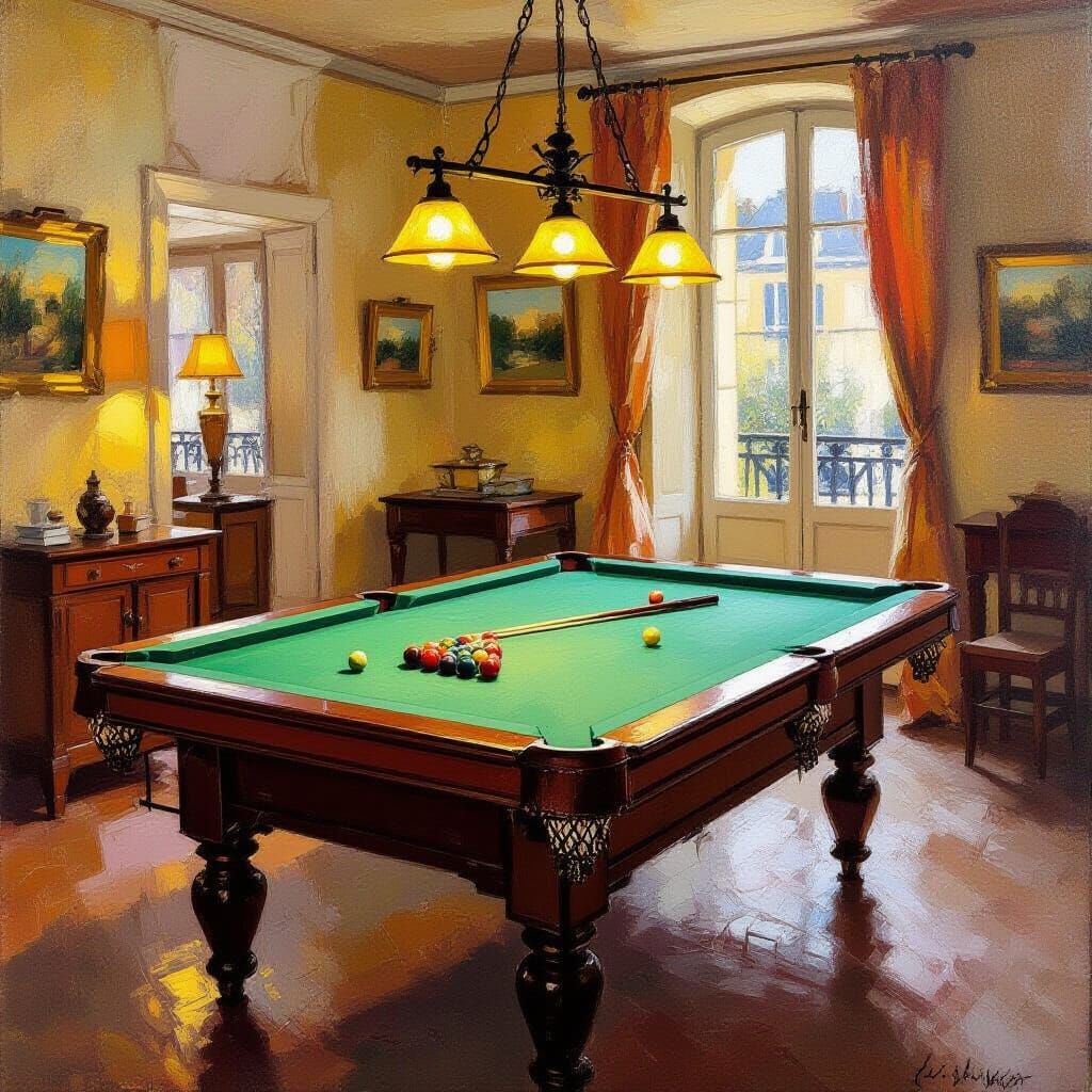 Billiard Table with Warm Lanterns, Impressionist Style