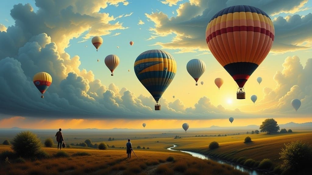 Surreal Cyberpunk Landscape with Airships and UFOs