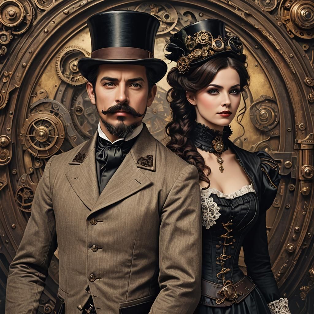 Victorian Steampunk Gentleman and Gynoid Portrait