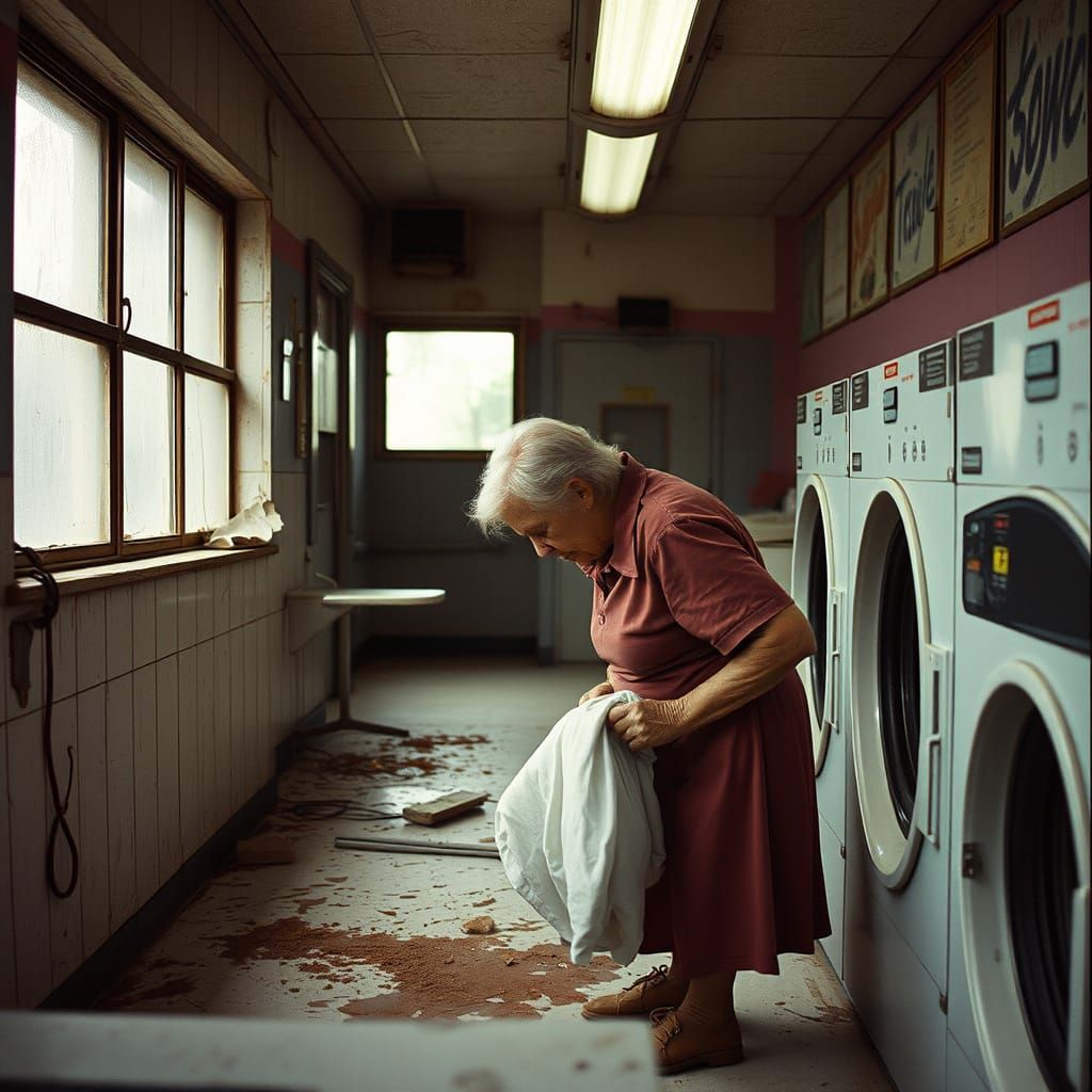 Weary Spanish Woman Works in 1970s Laundromat