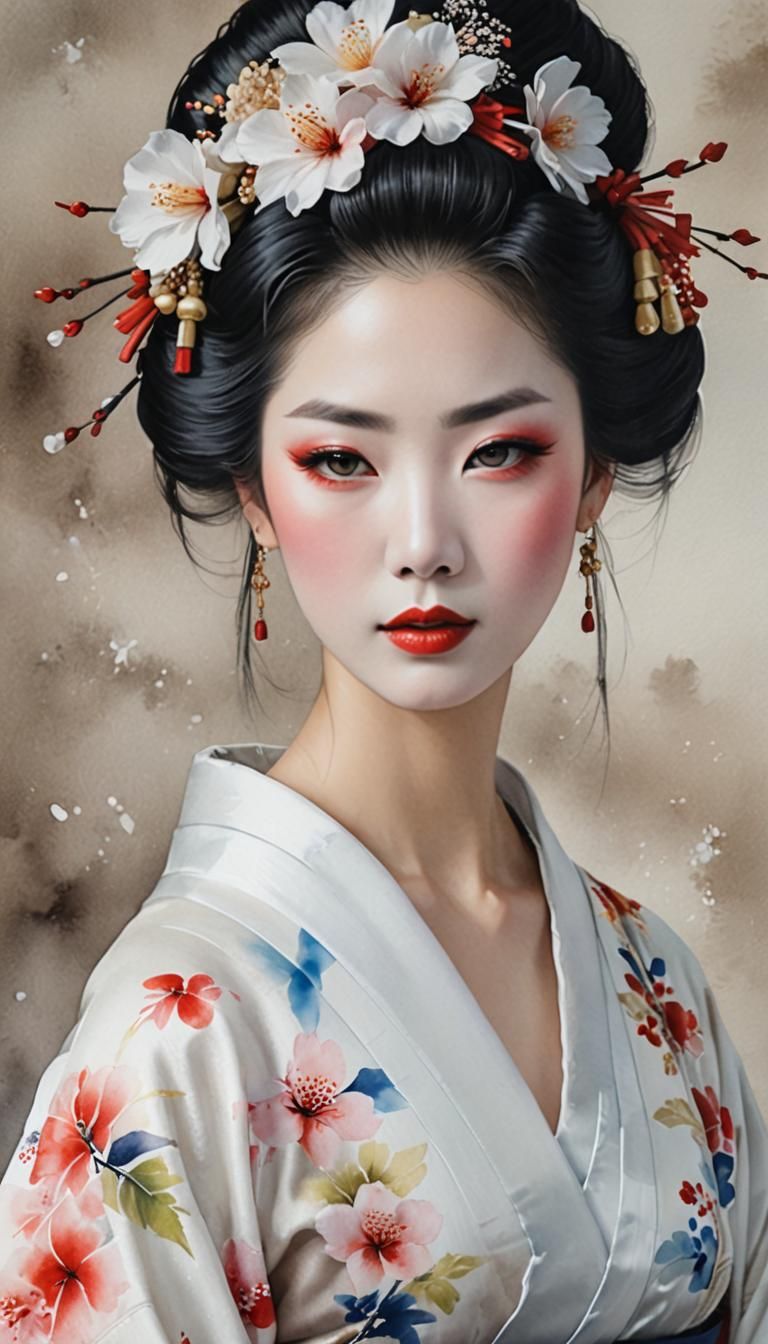 Beautiful Geisha Portrait in Watercolor Style