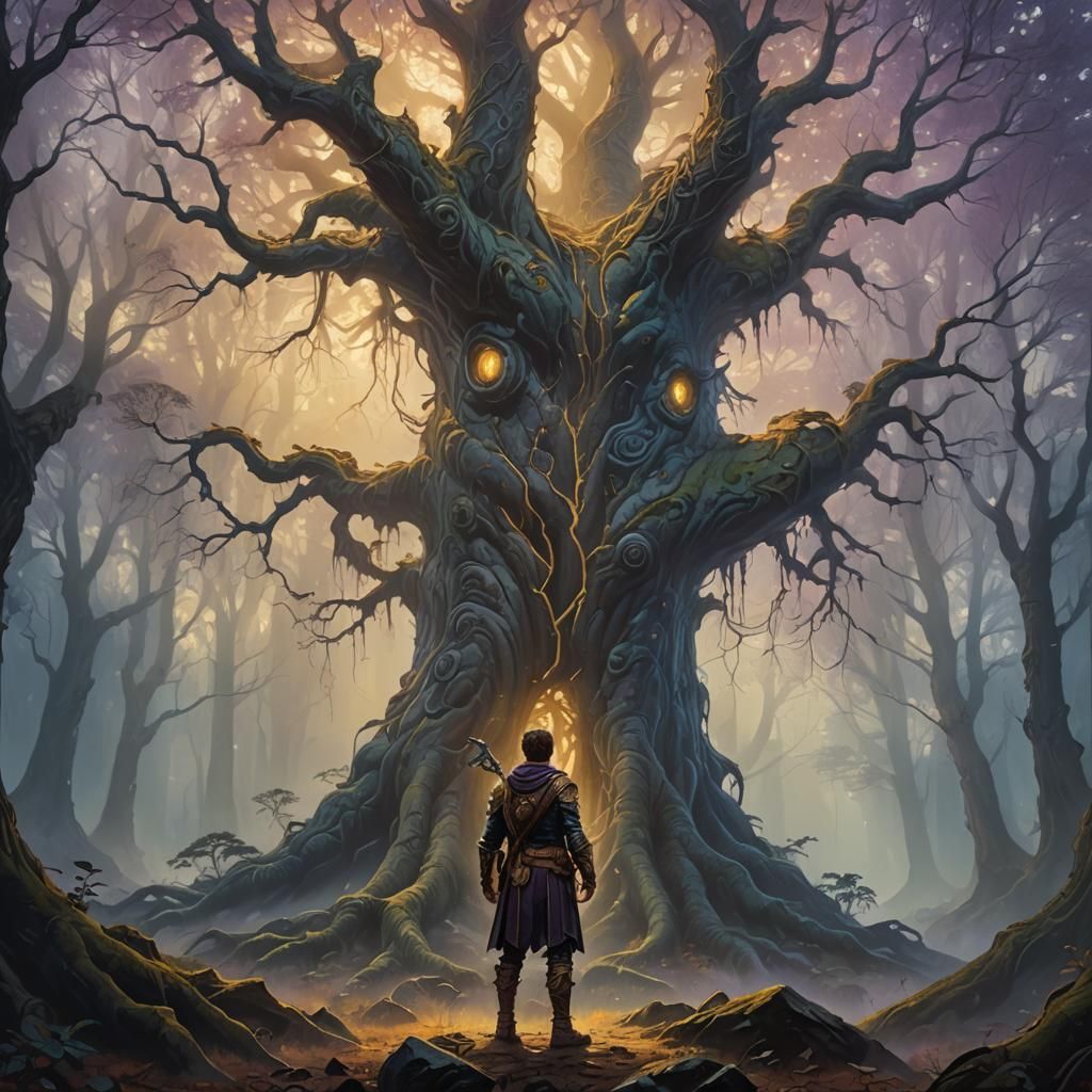 Adventurer in Mystical Forest: Oil Painting Concept Art