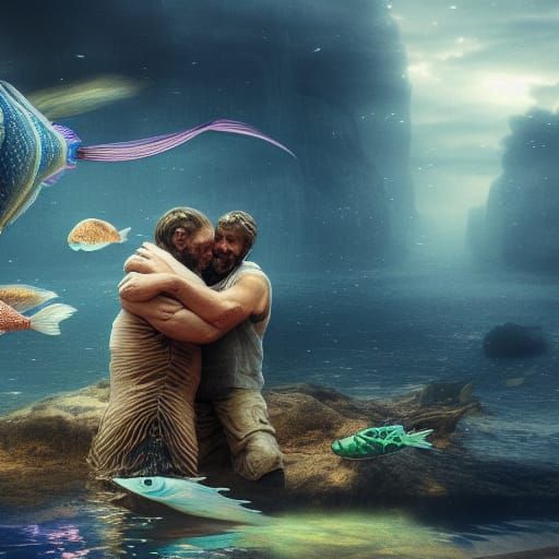 Man Hugging Fish: Epic Digital Matte Painting