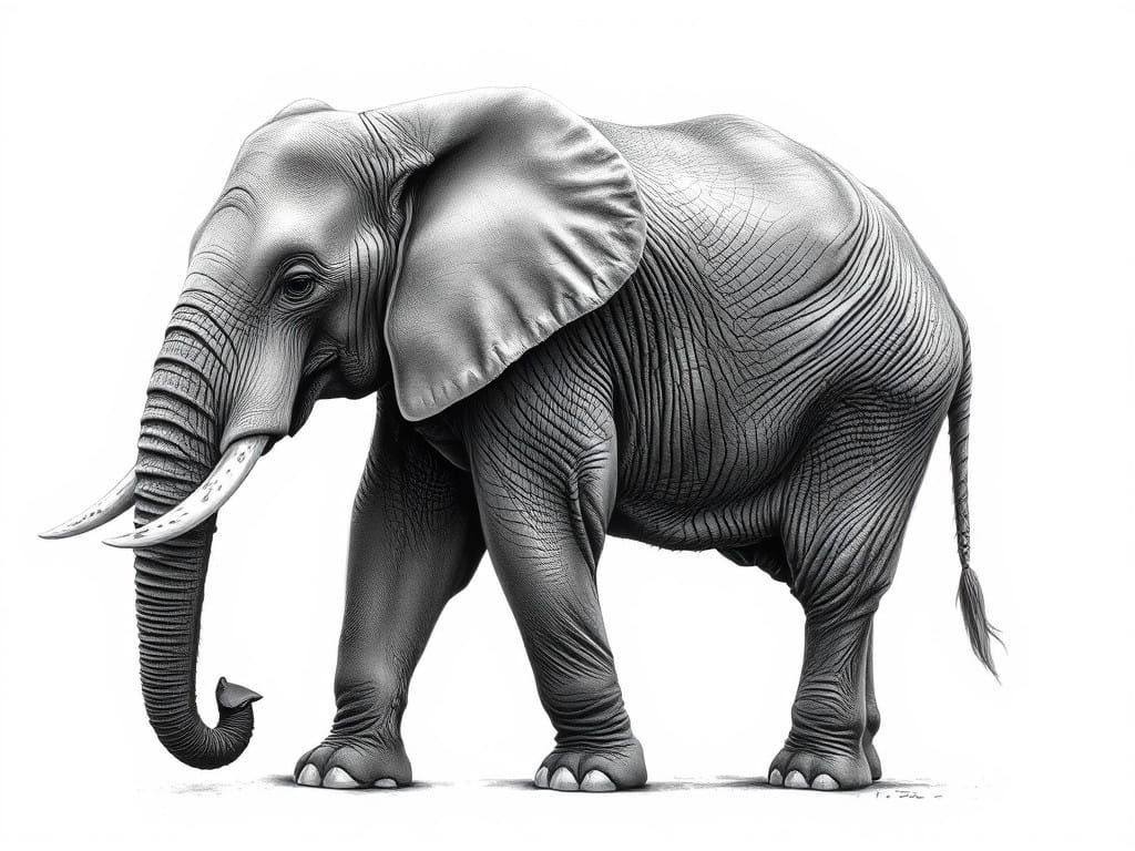 Majestic Standing Elephant in Hyperdetailed Charcoal Drawing
