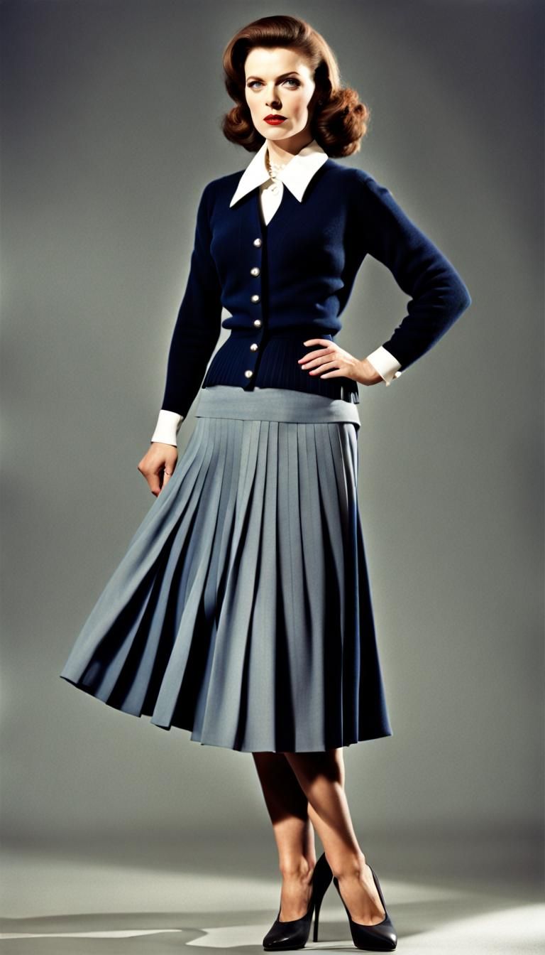 Governess in Grey Skirt and Navy Cardigan