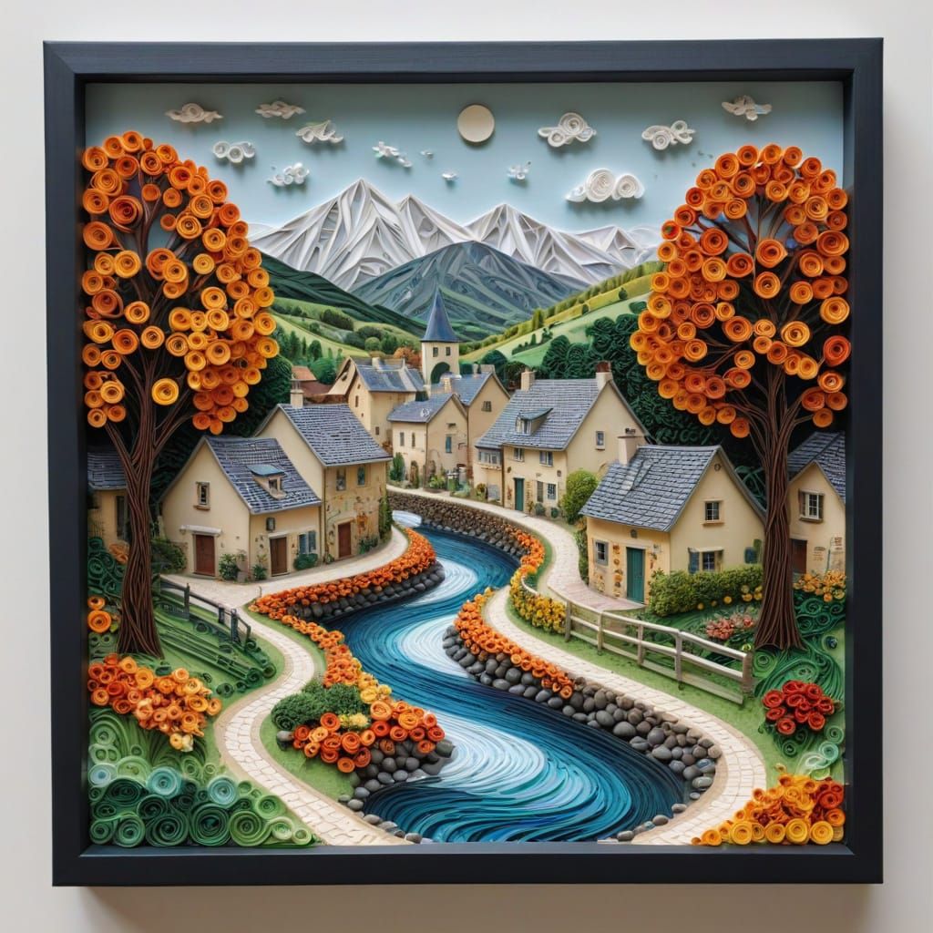 Mixed media, quilling. A gingham landscape of the French town of Guignamp. 3D shading
