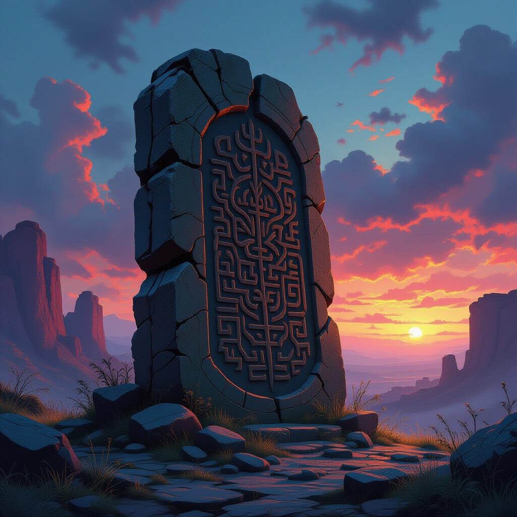 Mystical Symbols Carved in Stone Against Dreamlike Landscape