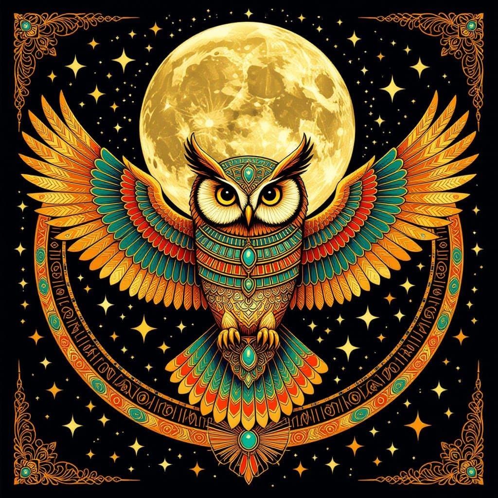 An owl adorned in ancient Egyptian symbols and jewelry,