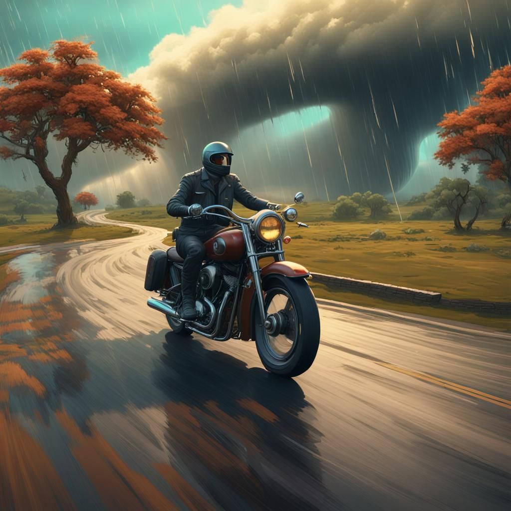 Neo-Retro Motorcycle Escapes Tornado in Matte Painting