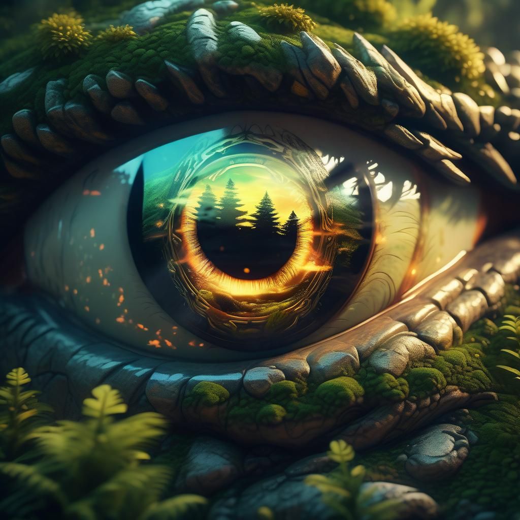 "epic close up of a luminous double exposure landscape inside eyes, mossy overgrown cute eye dragon with dark, sunset, c...