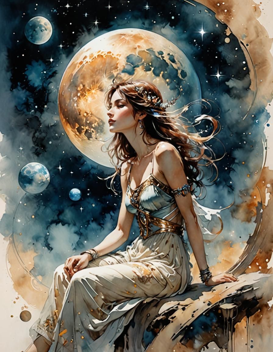 Girl on Crescent Moon Watercolor Art