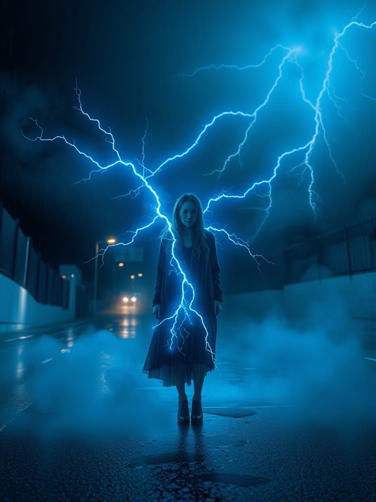 Ethereal Woman Illuminated by Thunderstorm Aura in Photoreal...