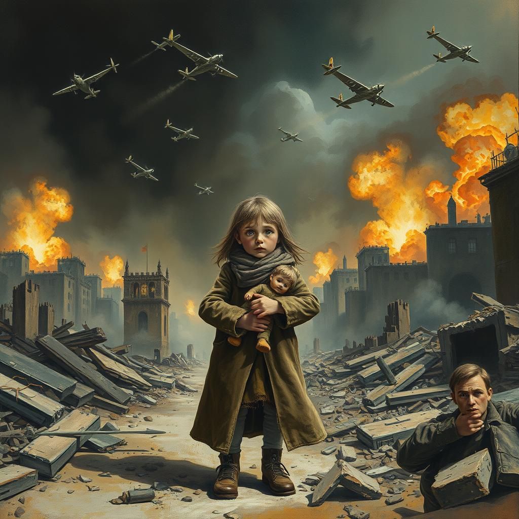 Girl in War-Torn City, Gouache and Watercolor