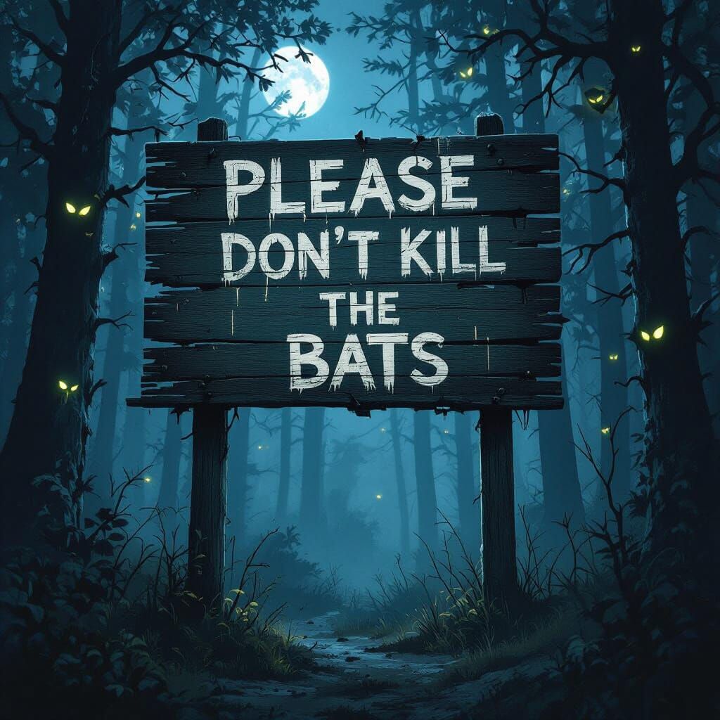 Eerie Forest Billboard Warning Bats in Dark Fantasy Style