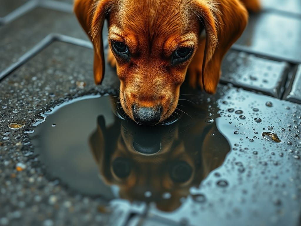 Golden Dachshund Puppy Contemplates Rainy Day Reflection