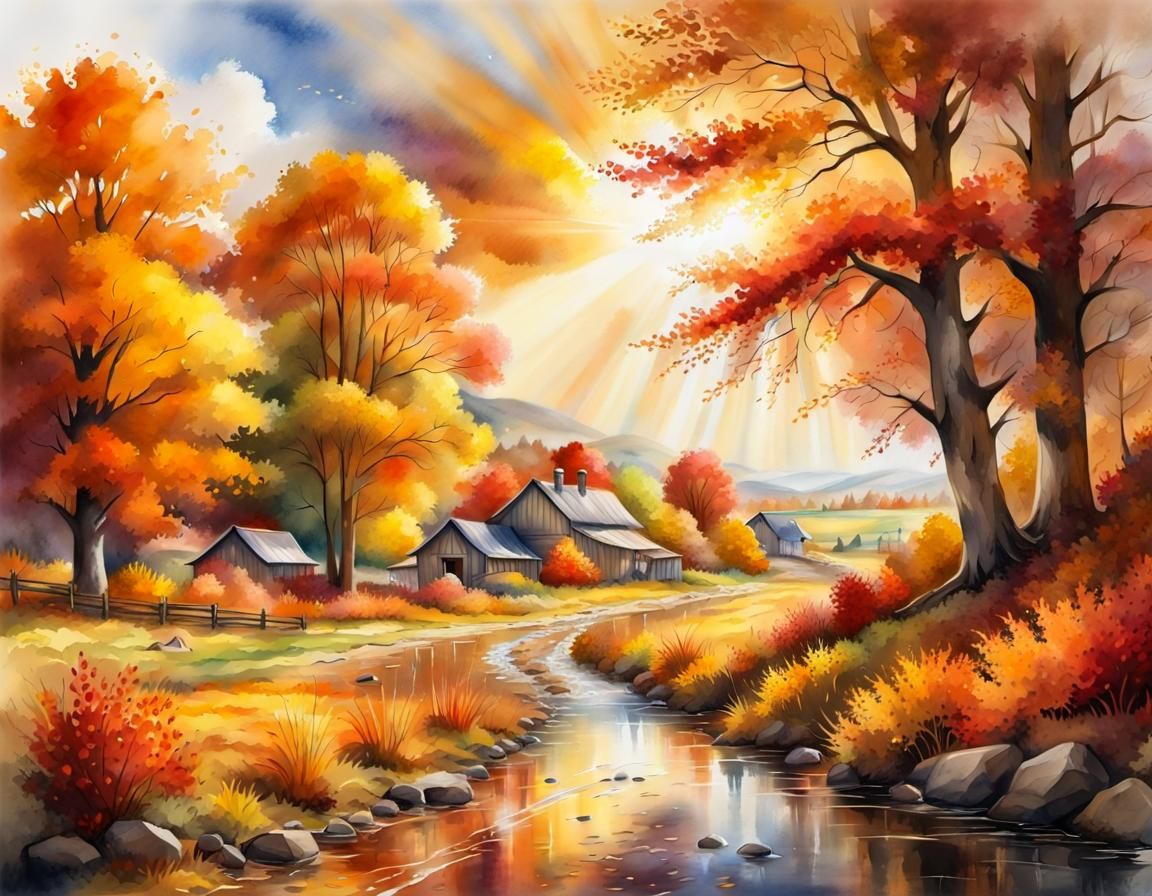 Hyperrealistic Autumn Landscape in Watercolor Style