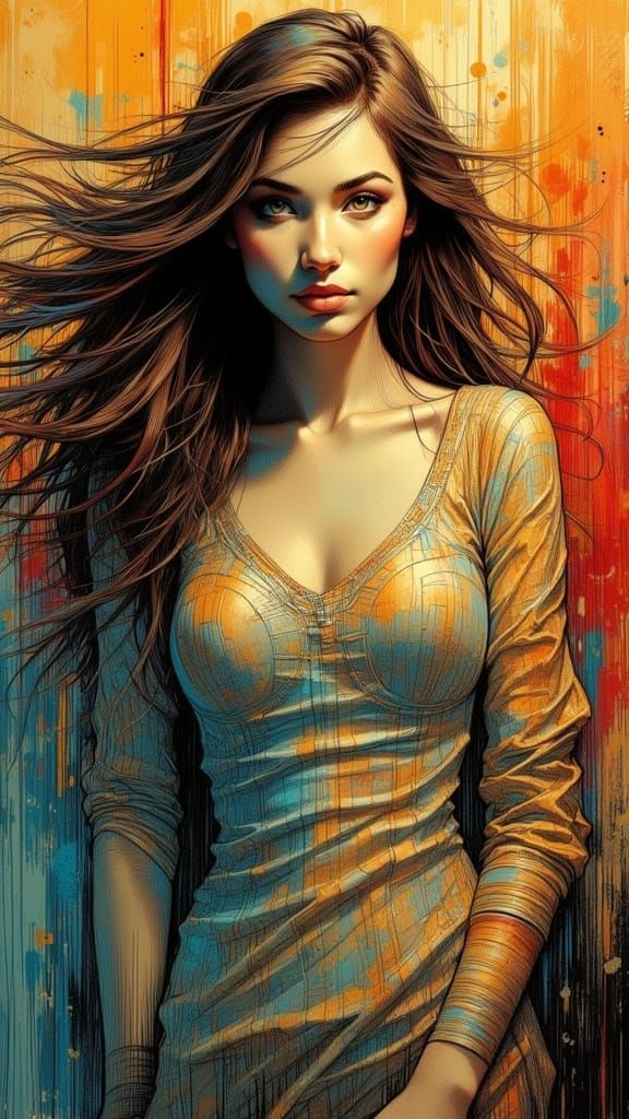 Woman in Fitted Dress with Flowing Hair in Surreal Style