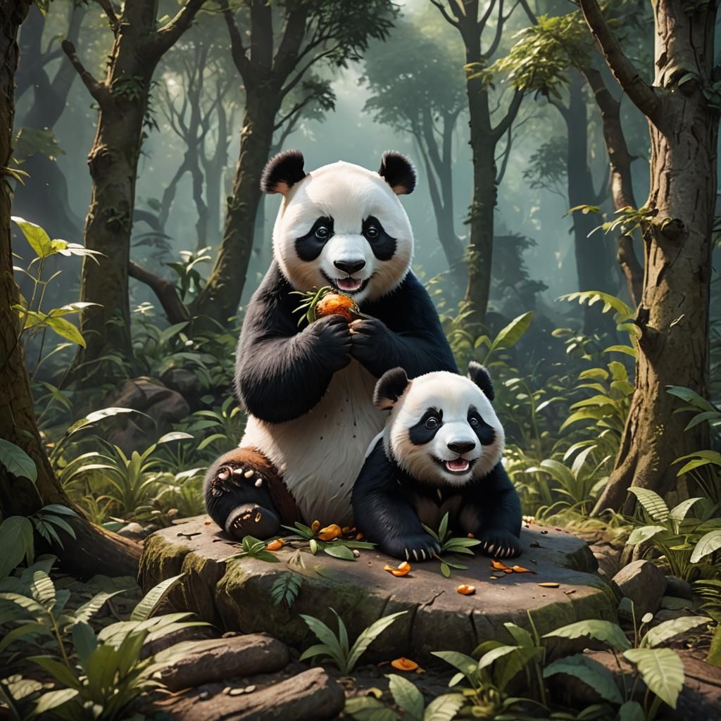 Cute Panda in Bamboo Forest: Detailed Matte Painting