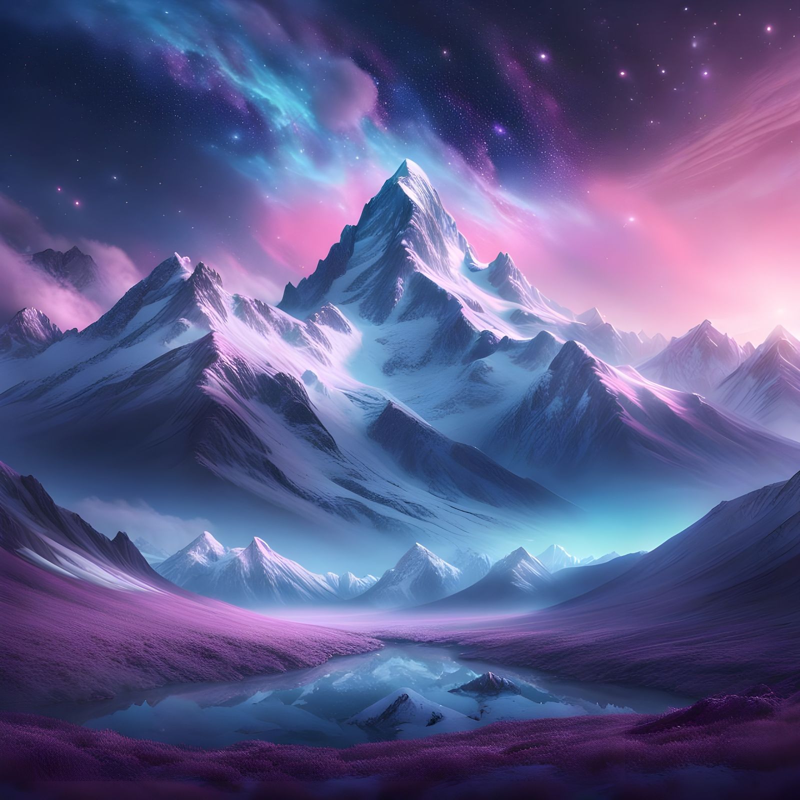 Epic Winter Mountain Landscape with Polar Lights