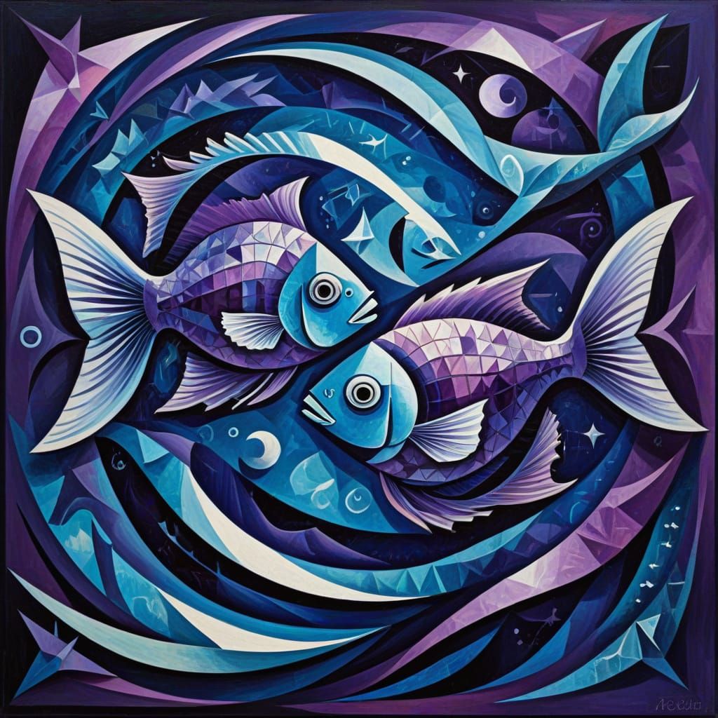 Luminous Fish Swim Through Cosmic Ocean in Vibrant Cubist Pa...