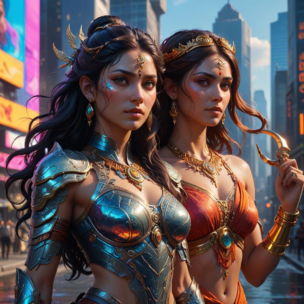 Cyberpunk Goddesses in a Futuristic Metropolis
