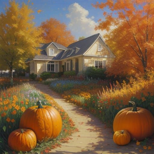 Autumn Garden Pumpkin Oil Painting with Vibrant Brushstrokes