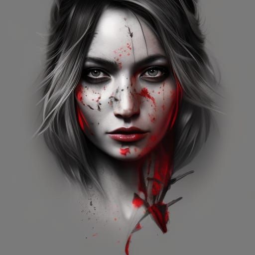 Tattooed Woman with Ravens in Trash Polka Style