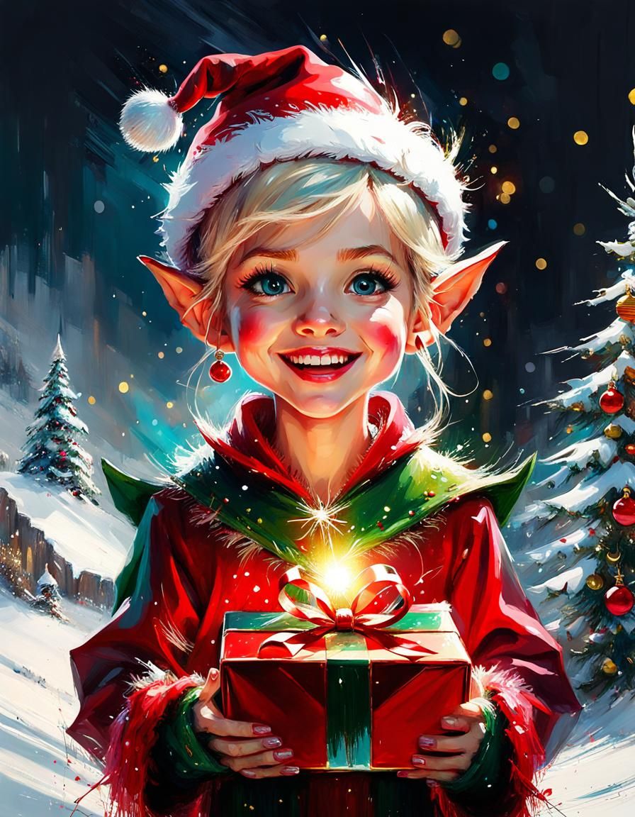 Joyful Chibi Elf Opens Christmas Gift