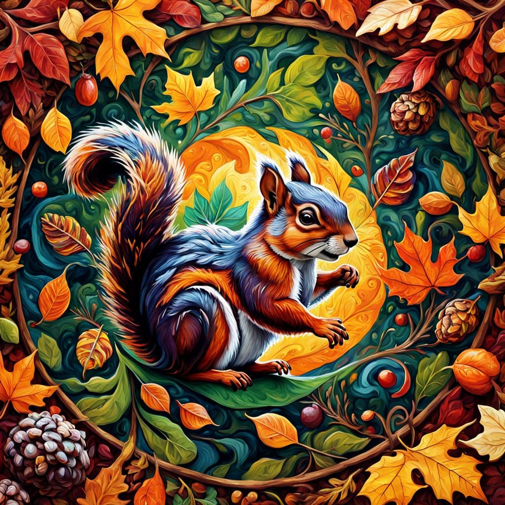 Psychedelic Autumn Kaleidoscope with Squirrels