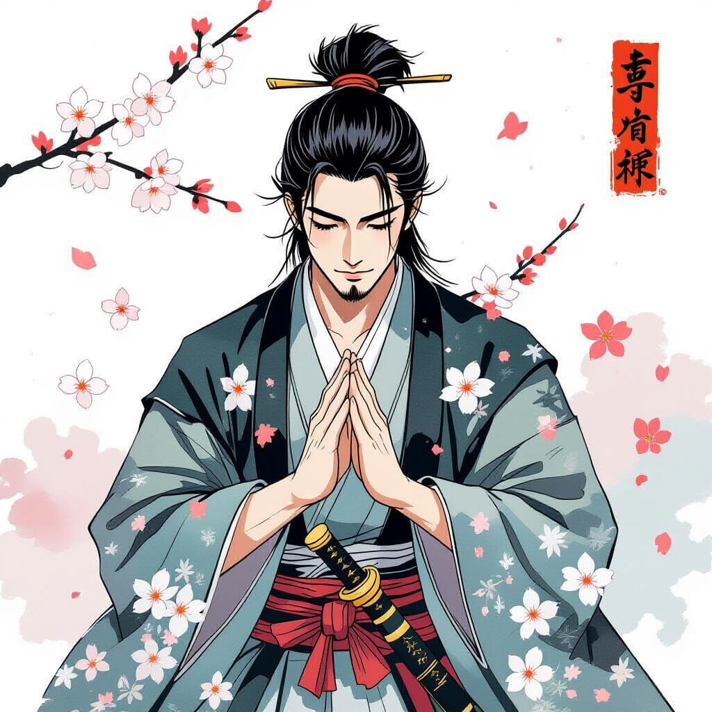Reverent Samurai in Ukiyo-e Style