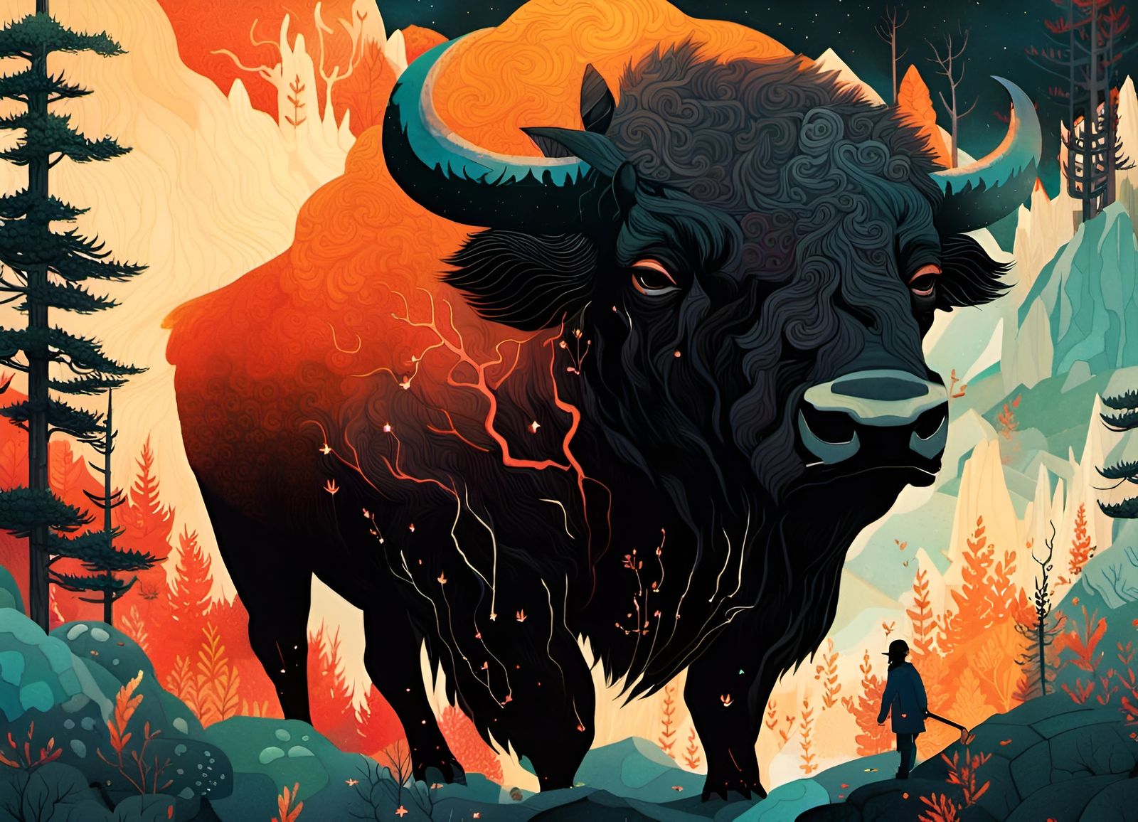 Surreal Wildfire Bison Collage Art Illustration