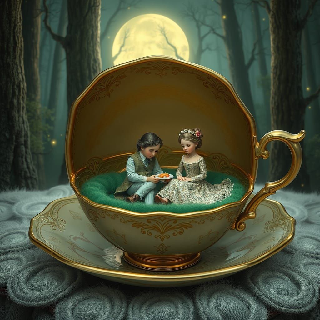 Miniature Picnic in Teacup, Dreamlike Forest Scene
