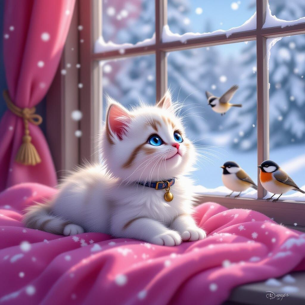 Fluffy Kitten Gazing at Winter Snowfall: Disney-Inspired Art