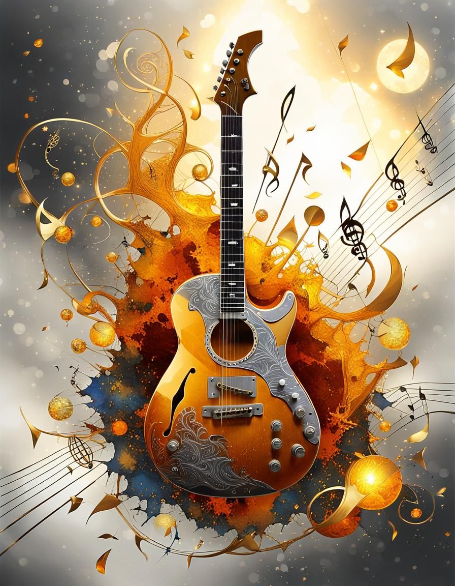 Electric Guitar Silhouette Against Golden Moon