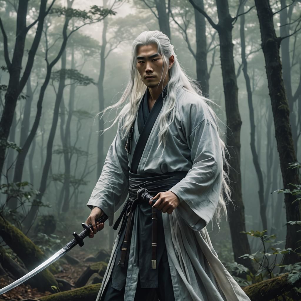 Korean Man with Katana in Misty Forest