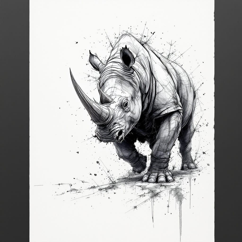 Fearful Rhino in Expressive Graphite Sketch