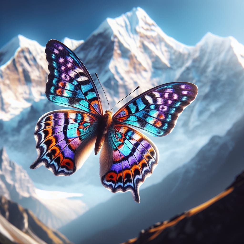 Himalayan Butterfly in Flight Over Snowy Peaks