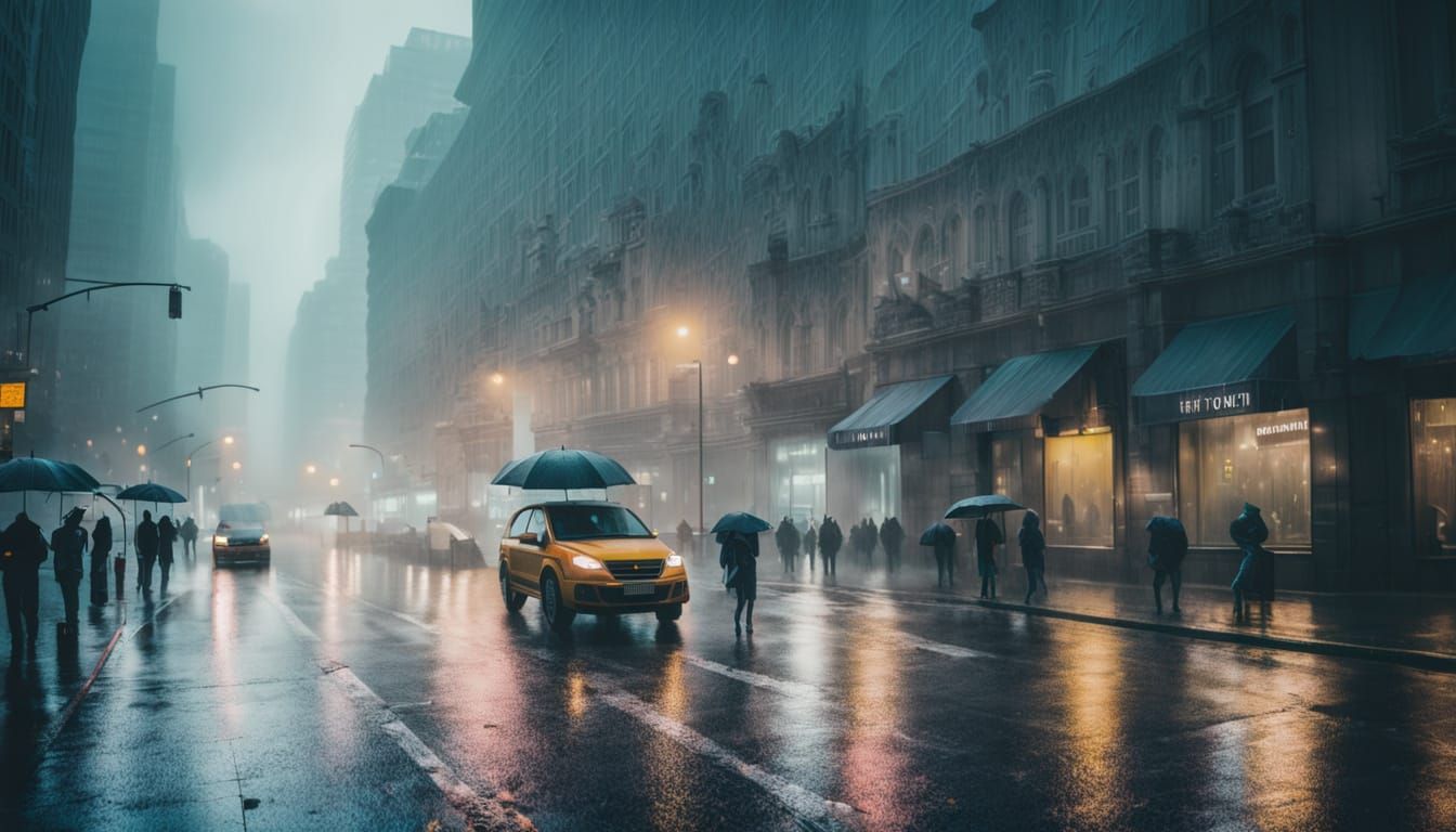 Rainy Foggy Cityscape in Cinematic Style