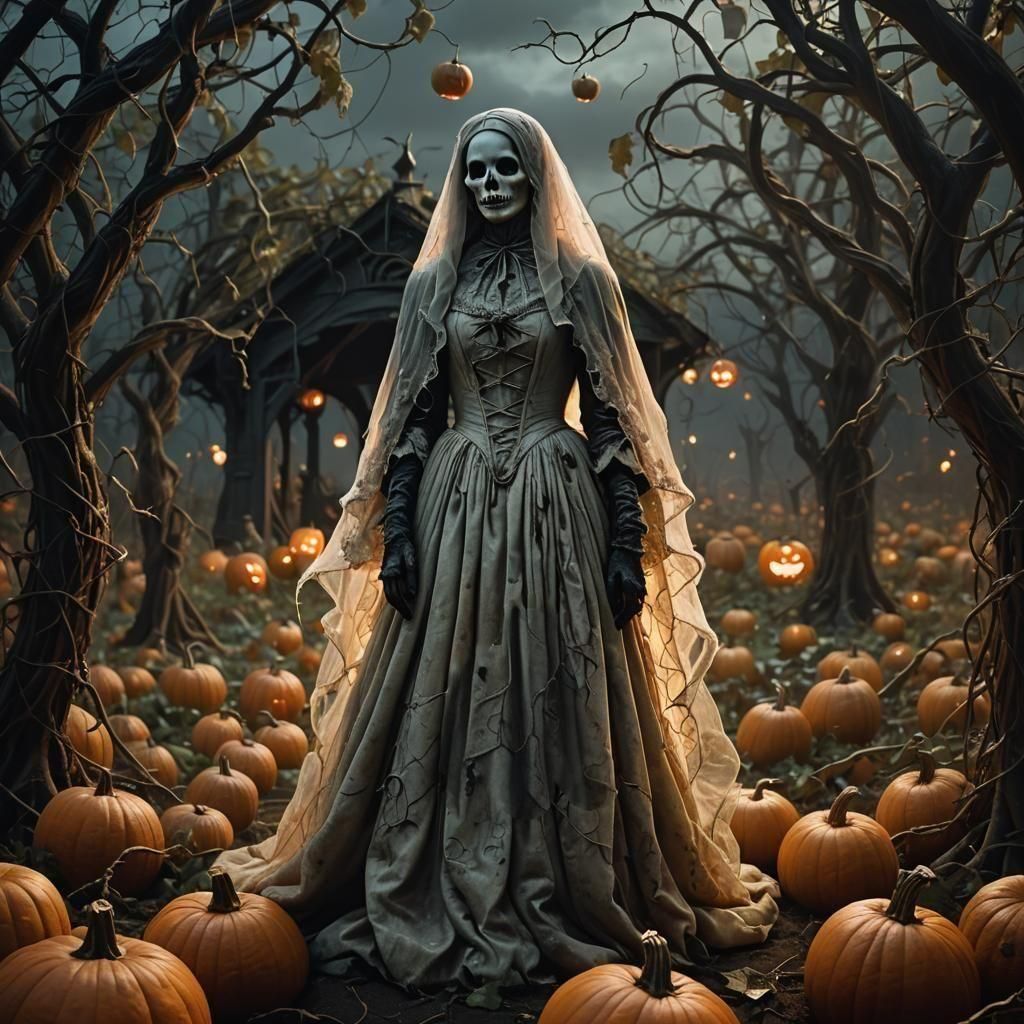 Spooky Victorian Ghost in Hyperrealistic Pumpkin Patch