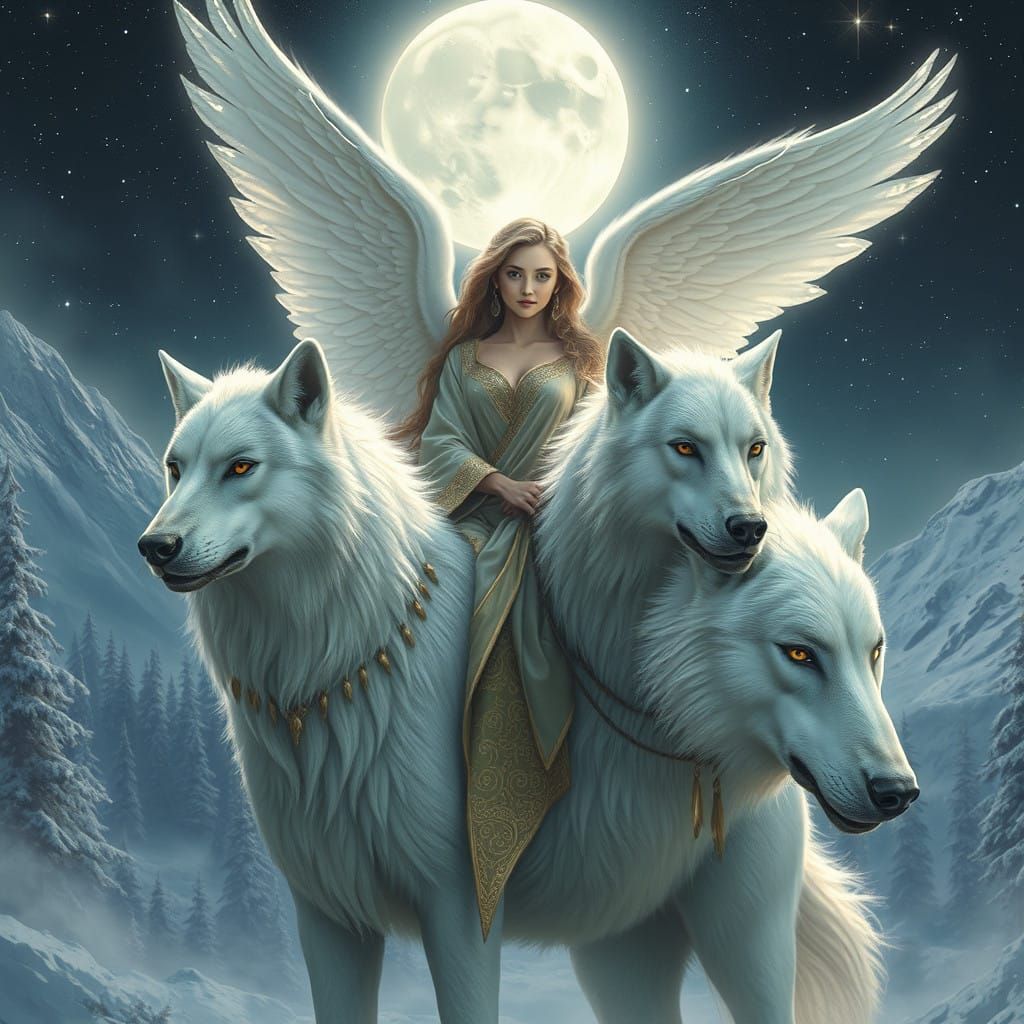 Ethereal Angel Rides Majestic White Wolf in Starlit Fantasy ...