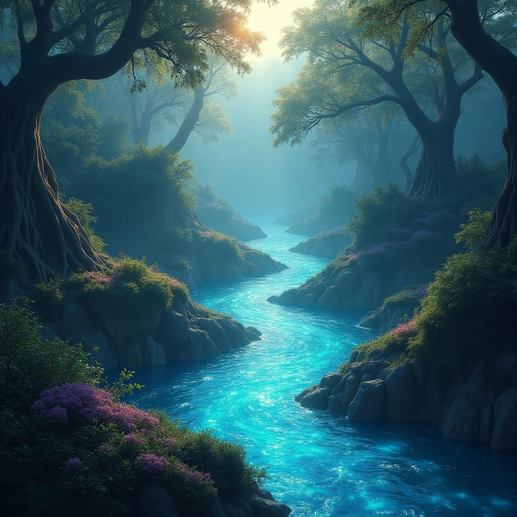Fantasy River Landscape with Bioluminescent Flora