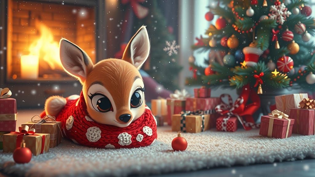 Whimsical Holiday Fawn in Cozy Winter Wonderland