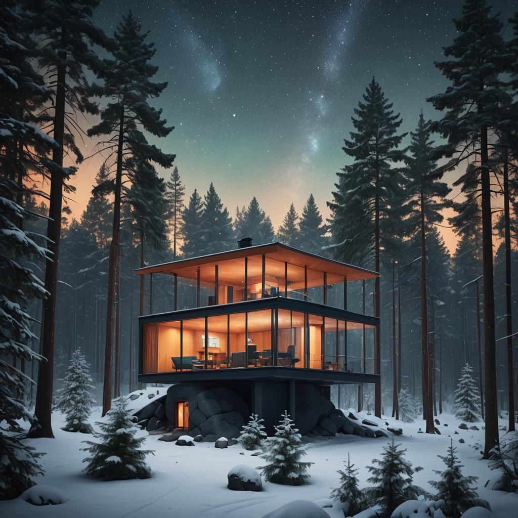 Minimalist Cabin in Mystical Forest, Digital Matte Painting