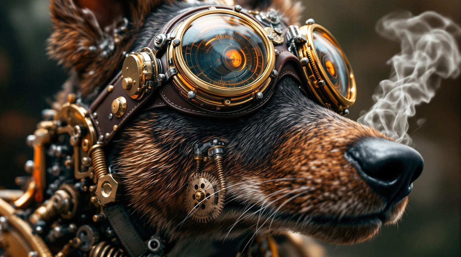Cyberpunk Steampunk Dog Portrait in Gears and Steam