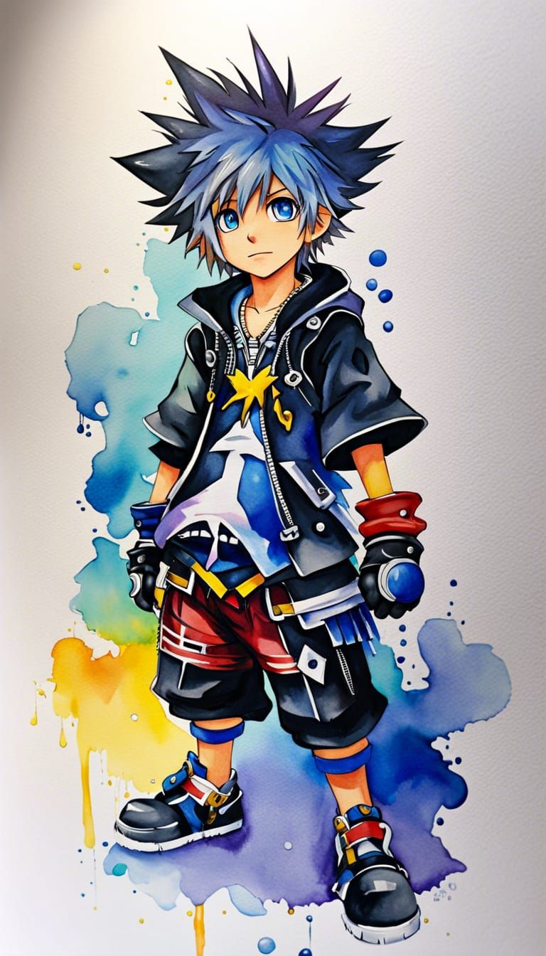 Sora Kingdom Hearts: Watercolor Portrait in Cool Colors